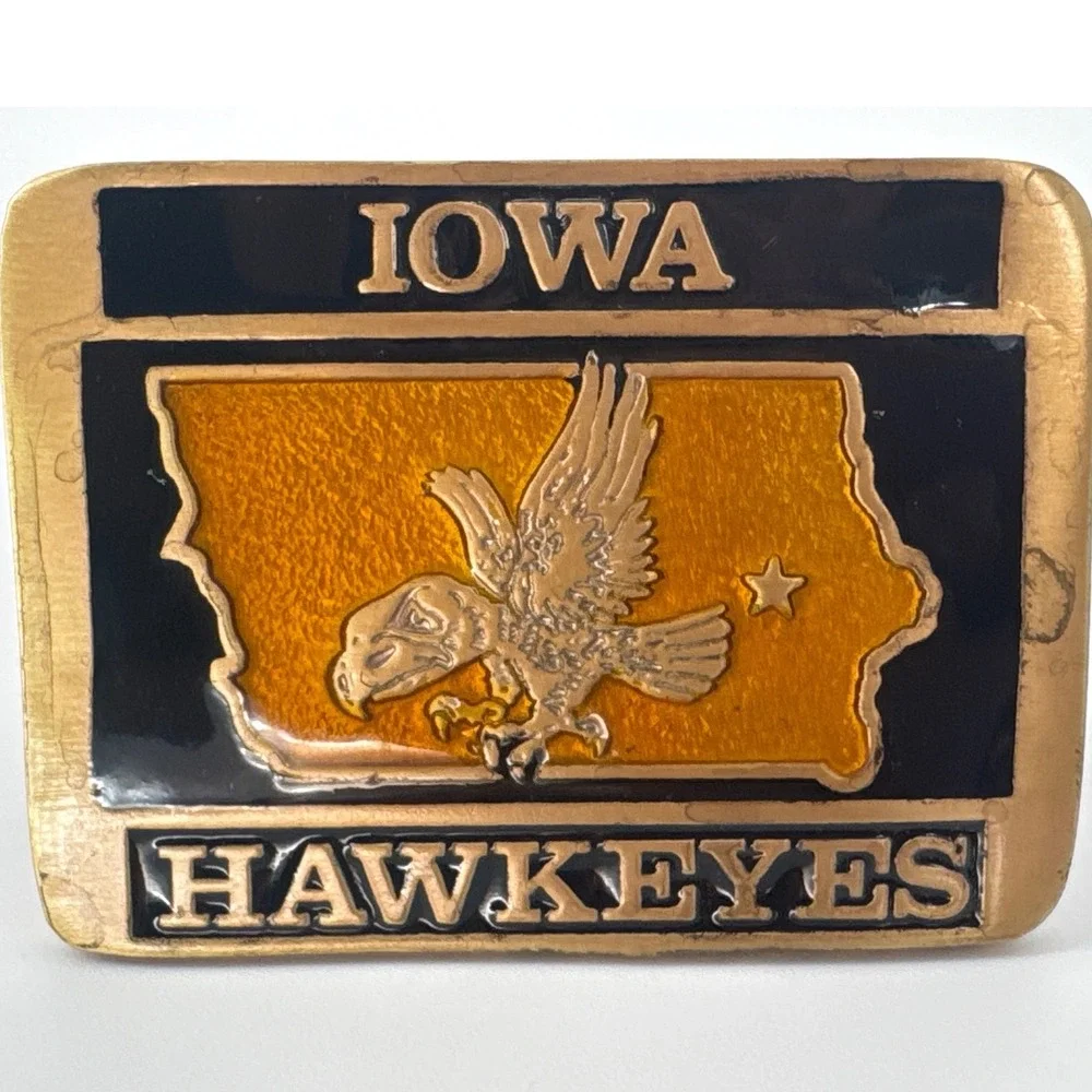 TAPCO 1981 Iowa Hawkeyes Belt Buckle Gold Black Herky the Hawk Vintage